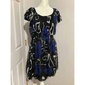 Theory Blue Black Silk Bubble Skirt Career Cocktail Mini Dress Short Sleeve S